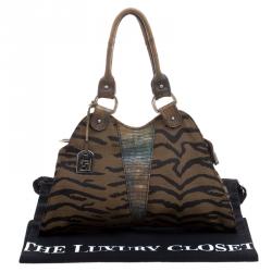 Pre Owned Fendi Brown Lizard and Canvas Small Diavolo Trapezio Shoulder Bag