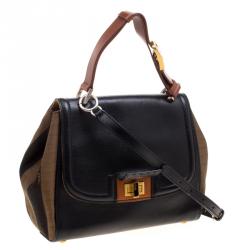 Pre Owned Fendi Black/Tobacco Leather and Pequin Canvas Silvana Top Handle Bag