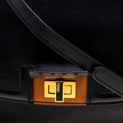 Pre Owned Fendi Black/Tobacco Leather and Pequin Canvas Silvana Top Handle Bag