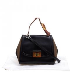 Pre Owned Fendi Black/Tobacco Leather and Pequin Canvas Silvana Top Handle Bag