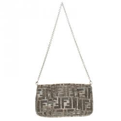 Pre Owned Fendi Silver/Gold Shimmering Fabric Mini Mia Shoulder Bag