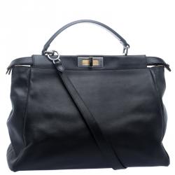 Pre Owned Fendi Black Leather with Python Lining Large Peekaboo Top Handle Bag