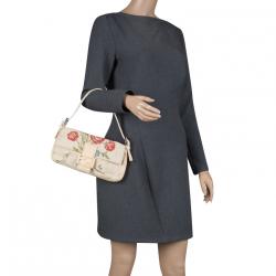 Pre Owned Fendi Beige Floral Embroidered Fabric Mama Baguette Shoulder Bag