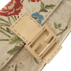 Pre Owned Fendi Beige Floral Embroidered Fabric Mama Baguette Shoulder Bag