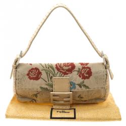 Pre Owned Fendi Beige Floral Embroidered Fabric Mama Baguette Shoulder Bag