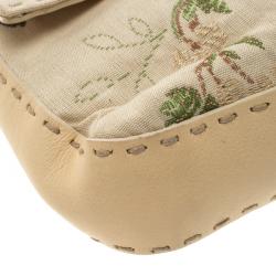 Pre Owned Fendi Beige Floral Embroidered Fabric Mama Baguette Shoulder Bag