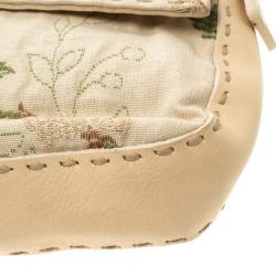 Pre Owned Fendi Beige Floral Embroidered Fabric Mama Baguette Shoulder Bag