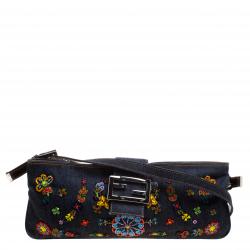 Pre Owned Fendi Dark Blue Beaded Denim Mama Baguette Shoulder Bag