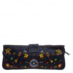 Pre Owned Fendi Dark Blue Beaded Denim Mama Baguette Shoulder Bag