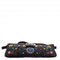 Pre Owned Fendi Dark Blue Beaded Denim Mama Baguette Shoulder Bag