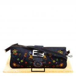 Pre Owned Fendi Dark Blue Beaded Denim Mama Baguette Shoulder Bag