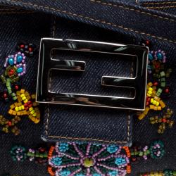 Pre Owned Fendi Dark Blue Beaded Denim Mama Baguette Shoulder Bag