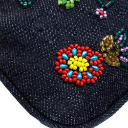 Pre Owned Fendi Dark Blue Beaded Denim Mama Baguette Shoulder Bag