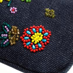 Pre Owned Fendi Dark Blue Beaded Denim Mama Baguette Shoulder Bag