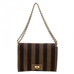 Pre Owned Fendi Tobacco Canvas Large Pequin Stripe Claudia Shoulder Bag