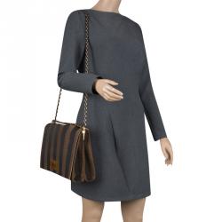 Pre Owned Fendi Tobacco Canvas Large Pequin Stripe Claudia Shoulder Bag