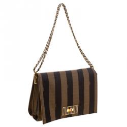 Pre Owned Fendi Tobacco Canvas Large Pequin Stripe Claudia Shoulder Bag