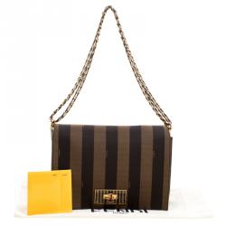 Pre Owned Fendi Tobacco Canvas Large Pequin Stripe Claudia Shoulder Bag