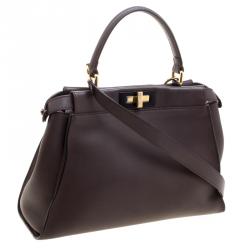 Pre Owned Fendi Dark Brown Leather Medium Peekaboo Top Handle Bag
