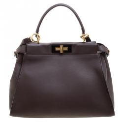Pre Owned Fendi Dark Brown Leather Medium Peekaboo Top Handle Bag