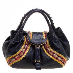 Pre Owned Fendi Dark Blue Leather Embroidered Limited Edition Spy Bag
