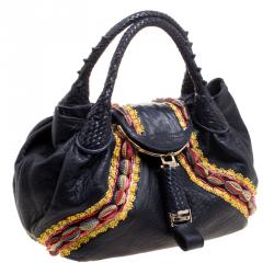 Pre Owned Fendi Dark Blue Leather Embroidered Limited Edition Spy Bag