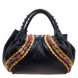 Pre Owned Fendi Dark Blue Leather Embroidered Limited Edition Spy Bag