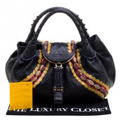 Pre Owned Fendi Dark Blue Leather Embroidered Limited Edition Spy Bag