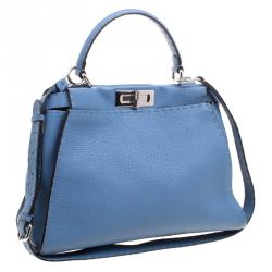 Pre Owned Fendi Blue Selleria Leather Medium Peekaboo Top Handle Bag