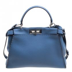 Pre Owned Fendi Blue Selleria Leather Medium Peekaboo Top Handle Bag
