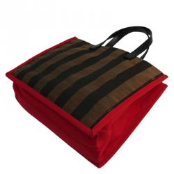 Pre Owned Fendi Red/Tobacco Pequin Stripe Canvas Tote