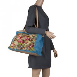 Pre Owned Fendi Blue/Beige Fabric Large Cross Stitch Peekaboo Bag