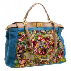 Pre Owned Fendi Blue/Beige Fabric Large Cross Stitch Peekaboo Bag