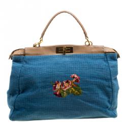 Pre Owned Fendi Blue/Beige Fabric Large Cross Stitch Peekaboo Bag