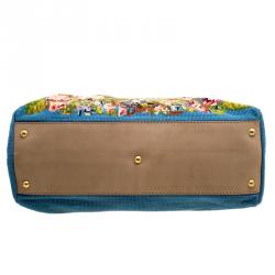Pre Owned Fendi Blue/Beige Fabric Large Cross Stitch Peekaboo Bag