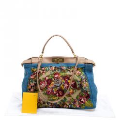 Pre Owned Fendi Blue/Beige Fabric Large Cross Stitch Peekaboo Bag