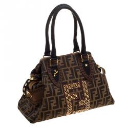 Pre Owned Fendi Brown Zucca Canvas Eyelet Embellished Chef De Jour Bag