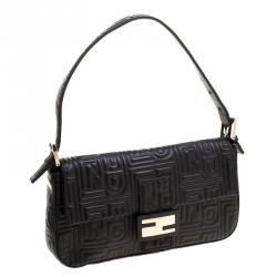 Pre Owned Fendi Balck Leather Logo Embossed Mama Baguette Shoulder Bag