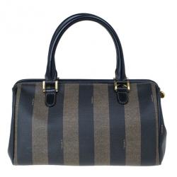 Pre Owned Fendi Black Striped Pequin Small Boston Bag