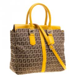 Pre Owned Fendi Tobacco/Yellow Zucca Canvas and Leather Tote