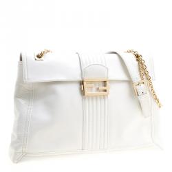 Pre Owned Fendi White Leather Maxi Baguette Flap Shoulder Bag