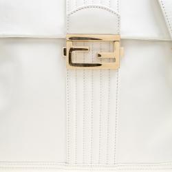 Pre Owned Fendi White Leather Maxi Baguette Flap Shoulder Bag