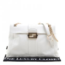 Pre Owned Fendi White Leather Maxi Baguette Flap Shoulder Bag