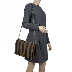 Pre Owned Fendi Tobacco Pequin Stripe Canvas Large Claudia Shoulder Bag