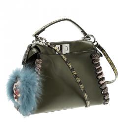 Pre Owned Fendi Olive Green Leather and Python Trim Mini Peekaboo Top Handle Bag