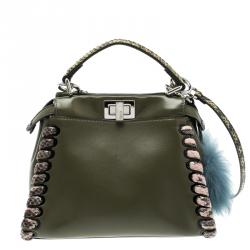 Pre Owned Fendi Olive Green Leather and Python Trim Mini Peekaboo Top Handle Bag