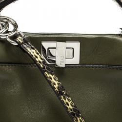 Pre Owned Fendi Olive Green Leather and Python Trim Mini Peekaboo Top Handle Bag