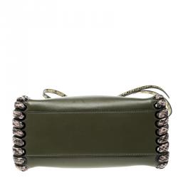 Pre Owned Fendi Olive Green Leather and Python Trim Mini Peekaboo Top Handle Bag