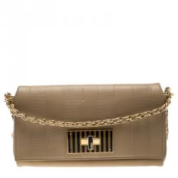 Pre Owned Fendi Beige Pequin Embossed Leather Small Claudia Shoulder Bag