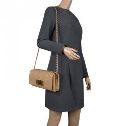 Pre Owned Fendi Beige Pequin Embossed Leather Small Claudia Shoulder Bag